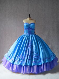Luxury Blue Sweetheart Lace Up Embroidery Ball Gown Prom Dress Sleeveless