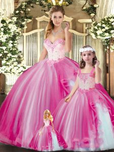 Floor Length Fuchsia Ball Gown Prom Dress Tulle Sleeveless Beading