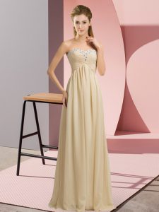 Custom Designed Champagne Sleeveless Floor Length Beading and Ruching Lace Up Prom Dress