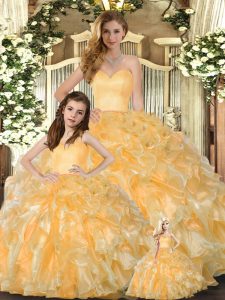 Admirable Beading and Ruffles Sweet 16 Dresses Gold Lace Up Sleeveless Floor Length