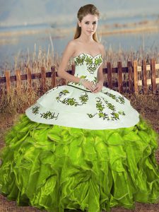 Fine Olive Green Quince Ball Gowns Military Ball and Sweet 16 and Quinceanera with Embroidery and Ruffles and Bowknot Sw