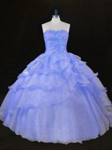 Sexy Blue and Lavender Ball Gowns Organza Sweetheart Sleeveless Ruffles and Hand Made Flower Floor Length Lace Up Vestid