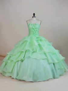 Flirting Sleeveless Floor Length Ruffled Layers and Ruching and Hand Made Flower Lace Up Sweet 16 Dresses with Apple Gre