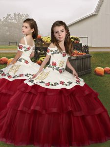 Pretty Ball Gowns Child Pageant Dress Wine Red Straps Tulle Sleeveless Floor Length Lace Up