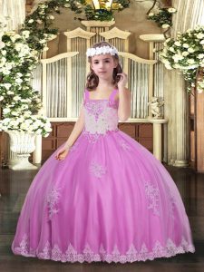 Straps Sleeveless Pageant Dress for Teens Floor Length Appliques Lilac Tulle