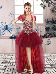Decent Burgundy Off The Shoulder Neckline Beading and Ruffles Prom Dresses Sleeveless Lace Up