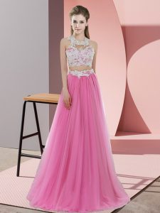 Custom Design Sleeveless Floor Length Lace Zipper Dama Dress with Rose Pink