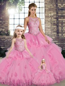 Latest Sleeveless Floor Length Lace and Embroidery and Ruffles Lace Up Quinceanera Dresses with Rose Pink