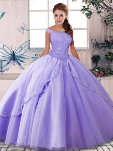 Extravagant Sleeveless Tulle Brush Train Lace Up Sweet 16 Dresses in Lavender with Beading