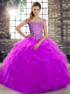 Ideal Lace Up Quince Ball Gowns Purple for Military Ball and Sweet 16 and Quinceanera with Beading and Ruffles Brush Tra