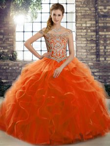 Pretty Orange Red Tulle Lace Up Quince Ball Gowns Sleeveless Brush Train Beading and Ruffles