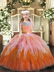 Multi-color Sleeveless Floor Length Lace and Ruffles Lace Up Little Girls Pageant Gowns