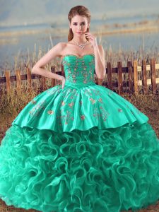 Turquoise Sweetheart Neckline Embroidery and Ruffles Quinceanera Gowns Sleeveless Lace Up