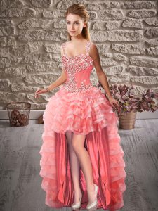 A-line Prom Party Dress Watermelon Red Straps Organza Sleeveless High Low Lace Up