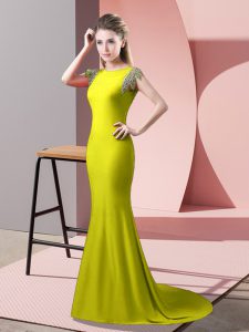 Short Sleeves Beading Backless Homecoming Dress with Yellow Green Brush Train