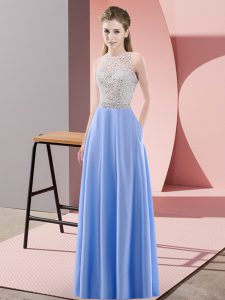 Customized Beading Prom Dresses Blue Backless Sleeveless Floor Length