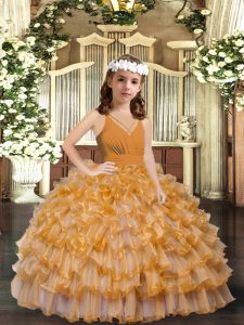 Gold Organza Zipper V-neck Sleeveless Floor Length Custom Made Pageant Dress Ruffles and Ruffled Layers