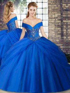 Luxury Royal Blue Lace Up Off The Shoulder Beading and Pick Ups Quinceanera Dresses Tulle Sleeveless Brush Train
