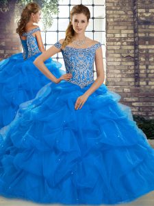 Simple Blue Tulle Lace Up Sweet 16 Quinceanera Dress Sleeveless Brush Train Beading and Pick Ups