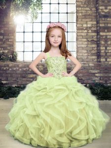 Straps Sleeveless Little Girls Pageant Dress Floor Length Beading and Ruffles Yellow Green Tulle