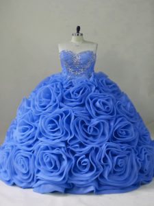 Lace Up Quince Ball Gowns Blue for Sweet 16 and Quinceanera with Beading Brush Train