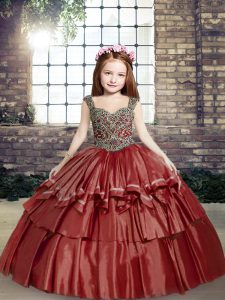 Straps Sleeveless Lace Up Pageant Dress for Girls Red Taffeta
