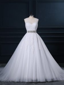 Graceful White Tulle Zipper Scoop Sleeveless Bridal Gown Court Train Beading and Lace
