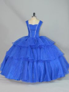 Glittering Blue Sleeveless Beading and Ruffled Layers Floor Length Quince Ball Gowns