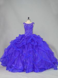 Exceptional Blue Ball Gowns Scoop Sleeveless Organza Brush Train Lace Up Beading and Ruffles Quinceanera Dress