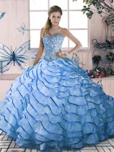 Beautiful Blue Lace Up Quinceanera Dress Beading and Ruffles Sleeveless Brush Train