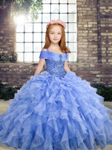 Custom Designed Blue Lace Up Straps Beading and Ruffles Pageant Gowns Organza Sleeveless