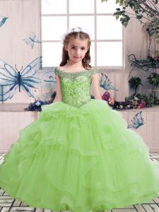 Unique Yellow Green Tulle Lace Up Scoop Sleeveless Floor Length Pageant Gowns For Girls Beading and Ruffles