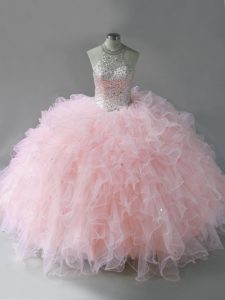 Fancy Pink Ball Gowns Tulle Halter Top Sleeveless Beading and Ruffles Floor Length Lace Up Quince Ball Gowns