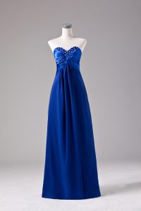New Style Royal Blue Empire Beading and Ruching Prom Evening Gown Lace Up Chiffon Sleeveless Floor Length