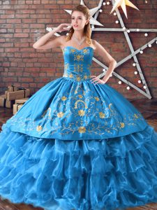 Best Floor Length Lace Up Quinceanera Dresses Blue for Sweet 16 and Quinceanera with Embroidery and Ruffled Layers