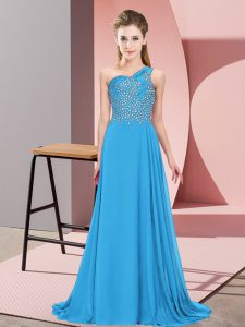 Fitting Floor Length Side Zipper Prom Evening Gown Blue for Prom and Party with Beading