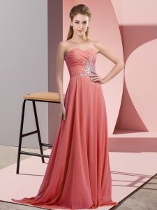 Low Price Watermelon Red Lace Up Beading Sleeveless Floor Length