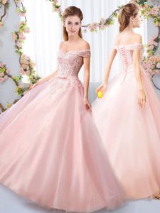 Hot Selling Pink Sleeveless Floor Length Appliques and Belt Lace Up Bridesmaids Dress