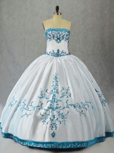 Free and Easy Aqua Blue Lace Up Strapless Embroidery Quince Ball Gowns Satin Sleeveless