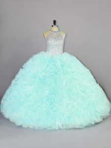 Smart Organza Halter Top Sleeveless Lace Up Beading and Ruffles Quinceanera Dresses in Apple Green