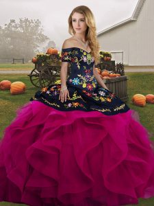 Modern Off The Shoulder Sleeveless Lace Up Quinceanera Gown Fuchsia Tulle
