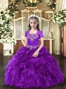 Modern Sleeveless Floor Length Beading and Ruffles Lace Up Little Girl Pageant Gowns with Purple