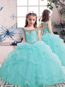Floor Length Lace Up Little Girls Pageant Dress Wholesale Aqua Blue for Party and Wedding Party with Beading