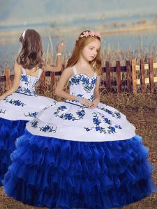 Royal Blue Sleeveless Floor Length Embroidery and Ruffled Layers Lace Up Kids Formal Wear
