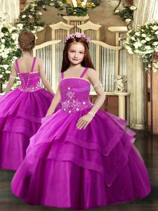 Exquisite Fuchsia Ball Gowns Beading and Ruching Little Girl Pageant Dress Lace Up Tulle Sleeveless Floor Length