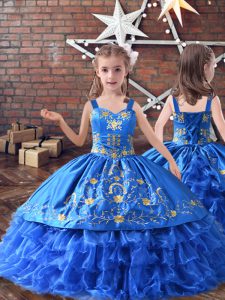 Enchanting Royal Blue Satin and Organza Lace Up Little Girls Pageant Dress Sleeveless Floor Length Embroidery and Ruffle