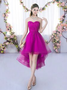 Discount Fuchsia A-line Tulle Sweetheart Sleeveless Lace High Low Lace Up Bridesmaids Dress