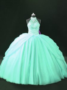 Attractive Apple Green Ball Gowns Beading Sweet 16 Dresses Lace Up Tulle Sleeveless Floor Length