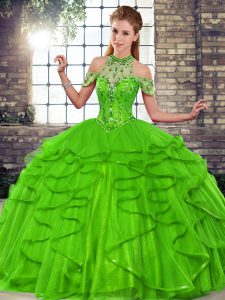 Ball Gowns Vestidos de Quinceanera Green Halter Top Tulle Sleeveless Floor Length Lace Up