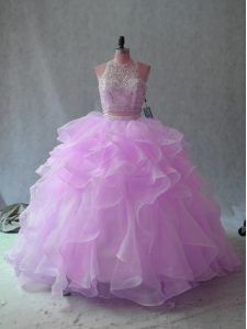 Organza Halter Top Sleeveless Backless Beading and Ruffles Sweet 16 Quinceanera Dress in Lilac